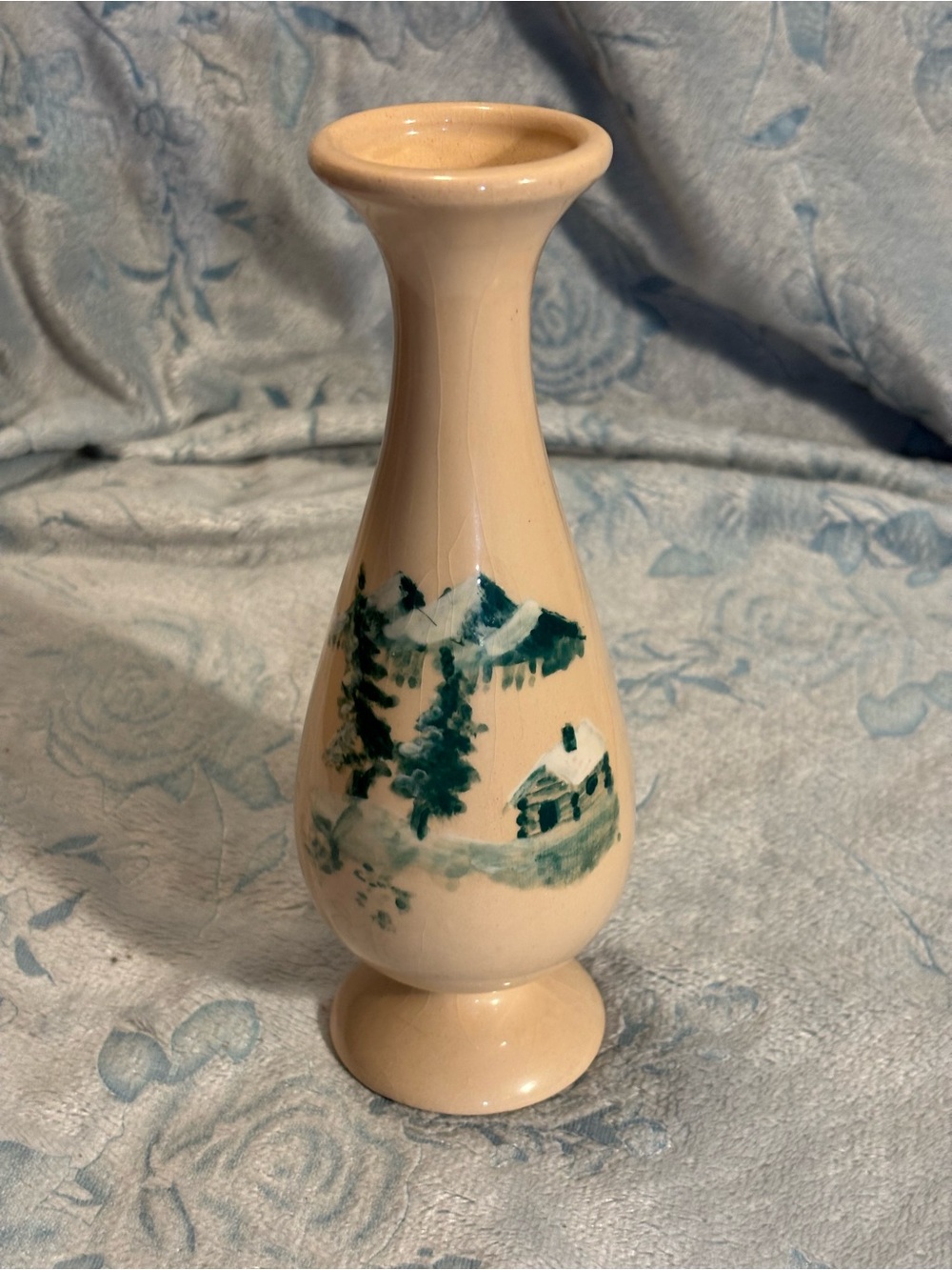 Hand-Painted Cream Ceramic Bud Vase with Green Landscape Alaska